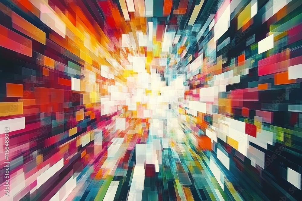 Poster vibrant burst of colorful squares in radial pattern explosion pixelated