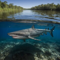 Fototapeta premium Northern River Shark in Sanctuary: Safeguarding Its Habitat for the Future