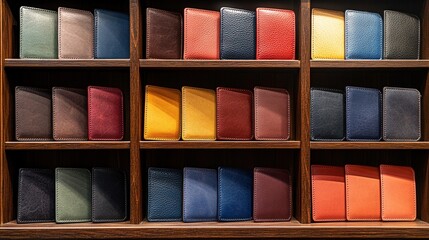 Modern leather wallets in a variety of shades, organized neatly on a wooden display counter