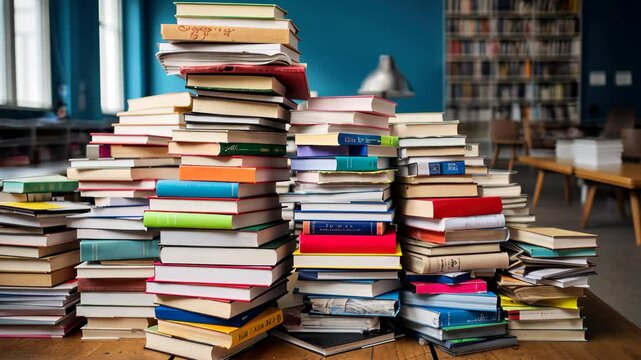 A pile of textbooks and notebooks sits on a wooden table in a classroom, likely after a long day of studying