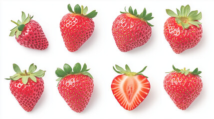 Luscious Strawberries: A vibrant collection of fresh, ripe strawberries, showcasing their juicy redness and natural beauty in various angles and a halved strawberry revealing its exquisite interior. 