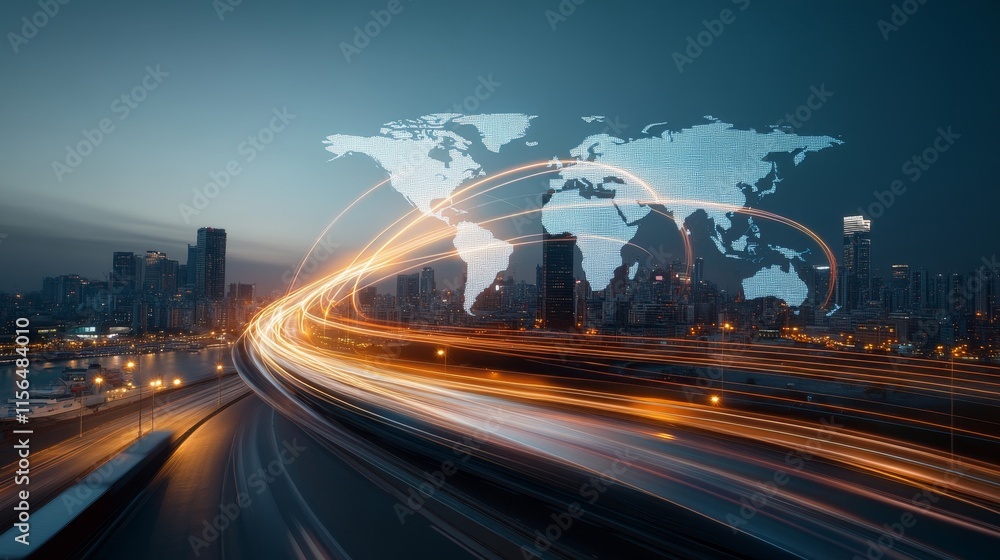 Poster dynamic cityscape with light trails and global connectivity concept, featuring world map overlay aga
