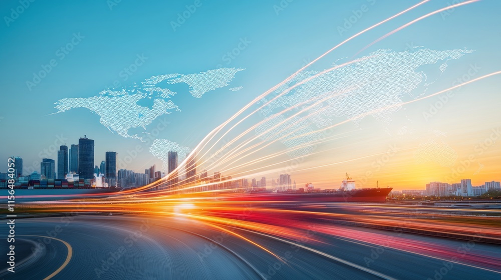 Poster vibrant cityscape at sunset with light trails and abstract world map representing global connectivit
