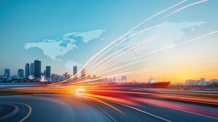 Obraz premium Vibrant Cityscape at Sunset with Light Trails and Abstract World Map Representing Global Connectivity and Urban Life