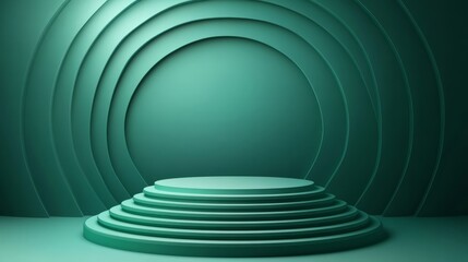 Minimalist layered green podium, geometric and modern, on a seamless green background
