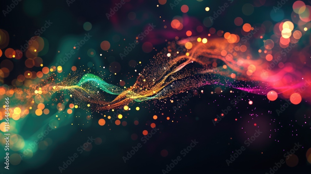Poster a vibrant abstract representation of flowing colors and light particles.