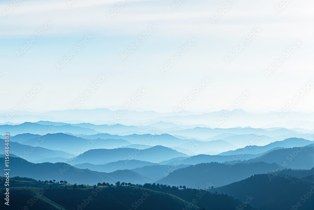 Poster misty blue mountain ranges in calming gradient layers, under a soft pale sky, creating a tranquil an