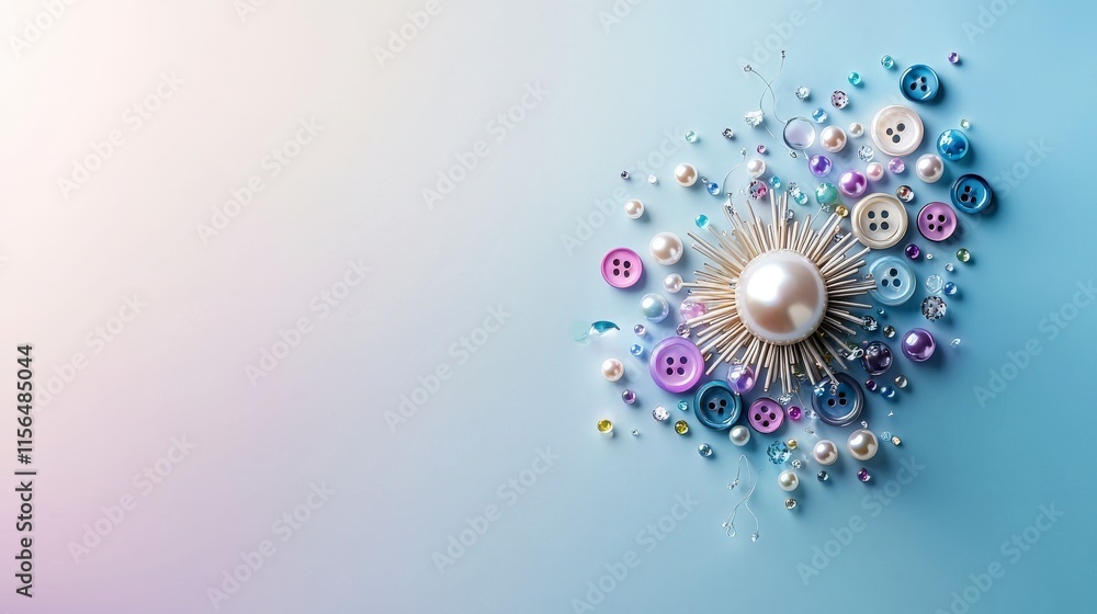 Poster elegant display of pearl buttons and beads in a minimalist studio with a soft color palette and text