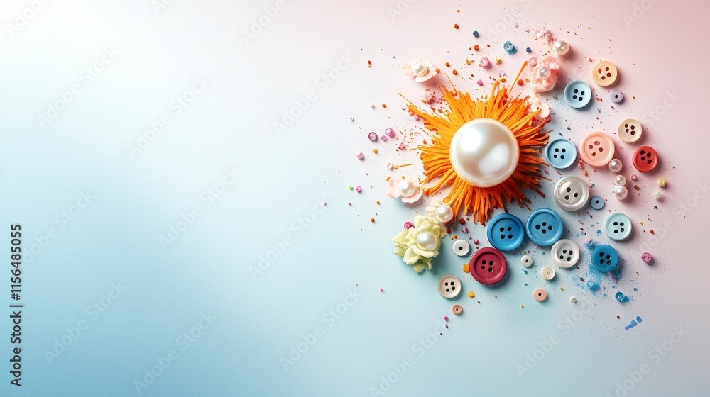 Poster artistic arrangement of pearl buttons creating a colorful sunburst studio setting visual art minimal