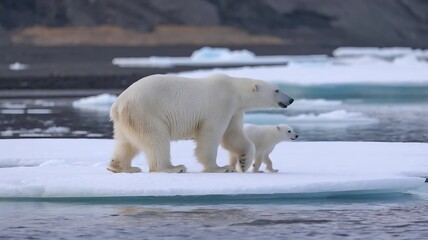 A polar bear and cub walking on melting ice