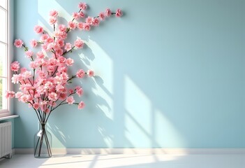 Realistic japan cherry branch with blooming flowers.