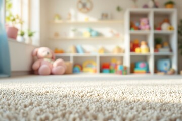Close-up of soft beige carpet in a cozy nursery room, blurred background showing toys and shelves in bright sunlight, concept of comfort. Ai generative