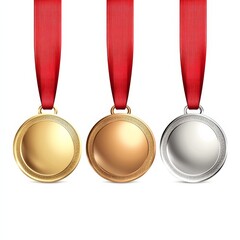 Golden silver and bronze blank medals hanging on red ribbons vector illustration