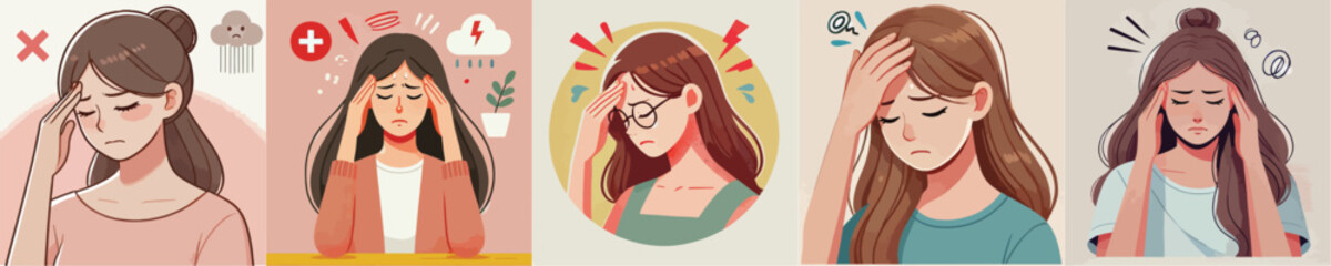 Collection of vector illustrations of someone who has a headache