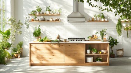 Bright and Airy Modern Kitchen with Sunlight, Fresh Herbs, and Natural Decor Showcasing a Beautiful Cooking Environment