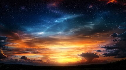 Obraz premium Vibrant pixelated sky gradient transitioning above an evening landscape digital art serene environment aesthetic viewpoint