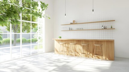 Bright and Airy Modern Kitchen Interior with Wooden Bar and Stools Surrounded by Natural Light and Greenery in a Minimalist Style