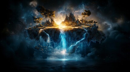 Surreal floating landmasses landscape digital art fantasy environment dreamlike atmosphere aerial view pixelated concept