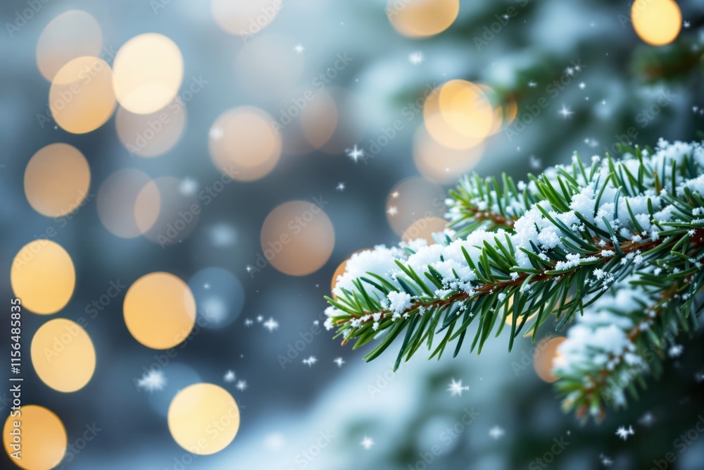 Poster snow-covered pine branch with soft bokeh lights, creating a festive atmosphere on a blurred blue bac