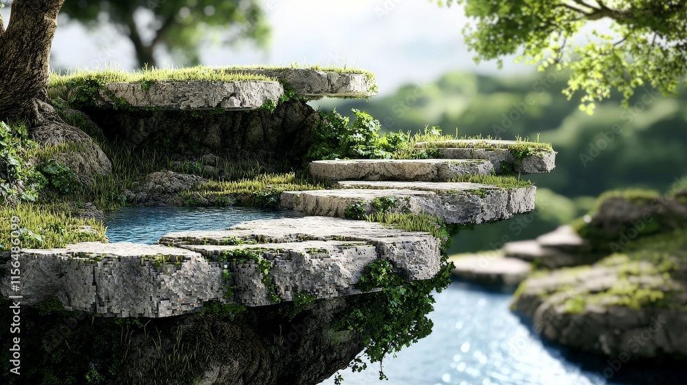 Aufkleber creative concept of layered pixel terrain featuring grassy platforms and rocky path in a serene land