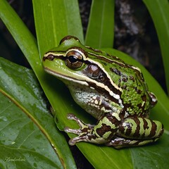 Master of Camouflage: A Spencer’s River Tree Frog Blending into Its Green Habitat