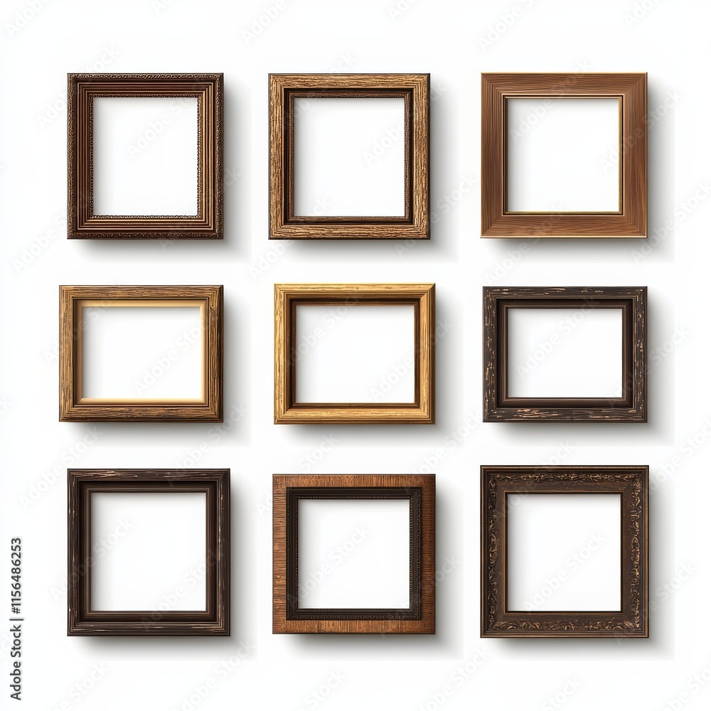 Poster empty wooden wall frames set. vector realistic wood picture frame mockup template with shadow on tra