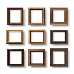 Empty Wooden Wall Frames set. Vector Realistic wood picture frame mockup template with shadow on transparent background. Mockup for poster, banner, photo gallery, painting, presentation.