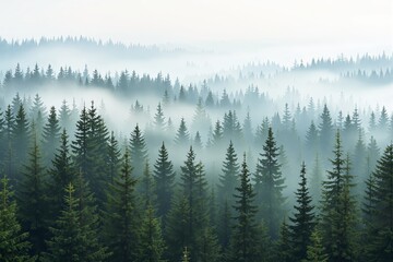 Obraz premium Lush coniferous forest with evergreen pine trees, misty ambiance, soft lighting, tranquil atmosphere, nature's serenity concept. Ai generative
