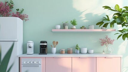 Pastel Pink Kitchen Decor With Plants And Appliances