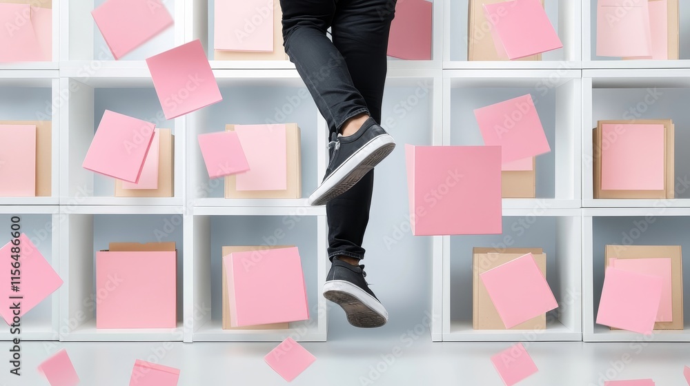 Poster dynamic workspace environment with floating sticky notes, displaying creative ideas, productivity, a