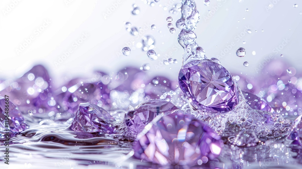 Poster a close-up of sparkling purple gemstones submerged in water, creating a dynamic visual effect.