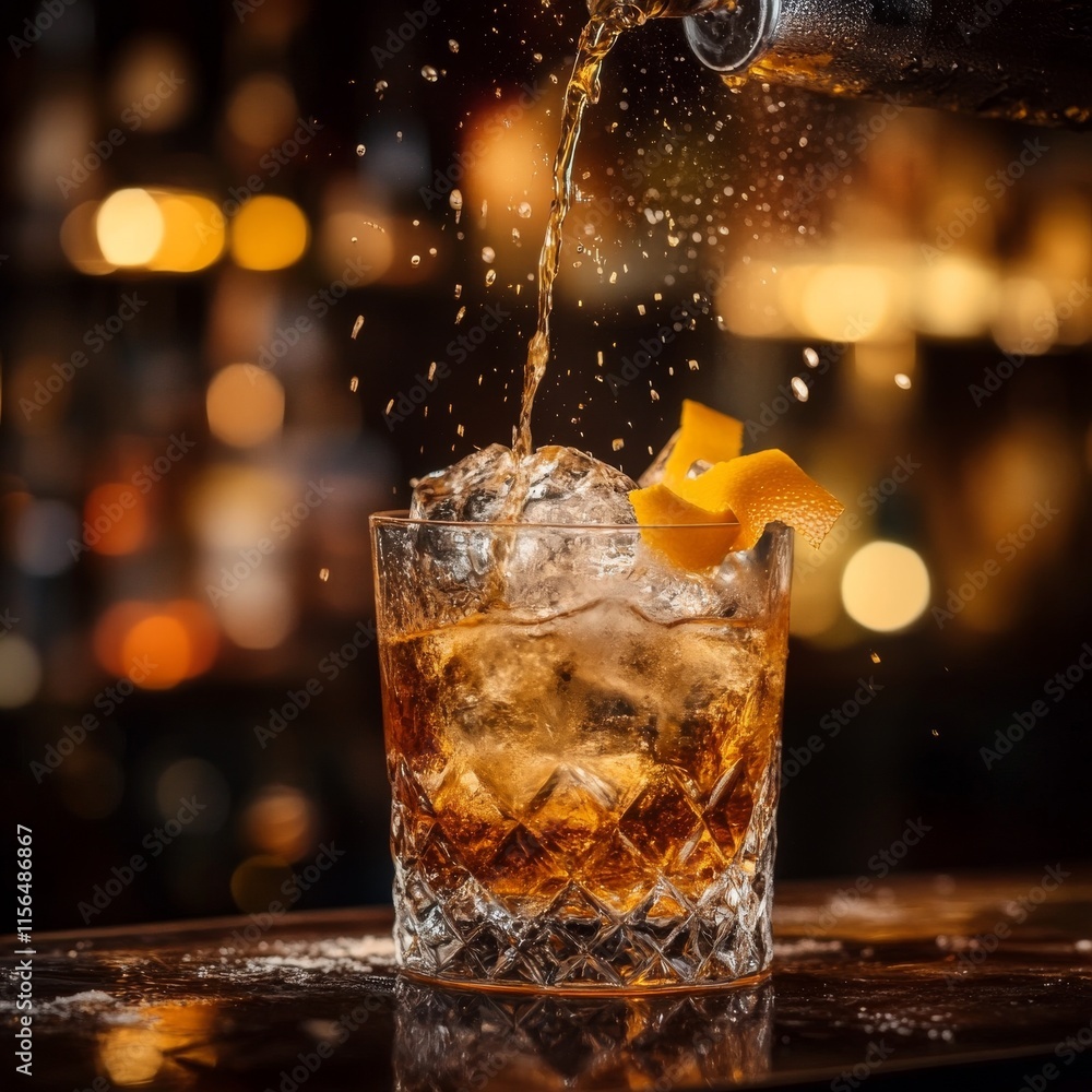 Aufkleber golden cocktail in the glass with one ice cube and orange zest on the bar counter in the dark blurre