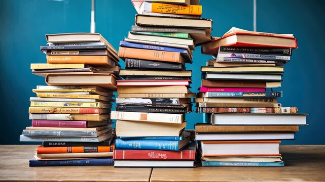A large pile of textbooks and notebooks rests on a wooden desk in a classroom