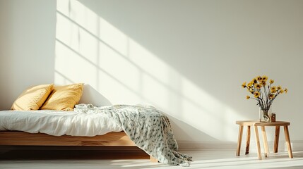 Sunlit Bedroom Featuring Wooden Bed and Yellow Flowers