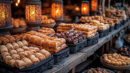 Obraz premium A vibrant display of assorted pastries in a market setting.