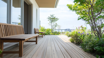 Peaceful Patio Retreat: A serene wooden bench invites relaxation on a spacious deck, overlooking a lush garden and a tranquil view beyond. Enjoy the calming ambiance of this peaceful outdoor space. 