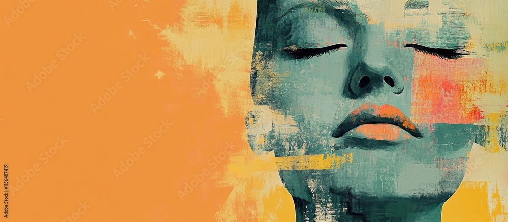 Poster abstract collage of a calm face with tinted colors in cut and paste art style featuring space for te