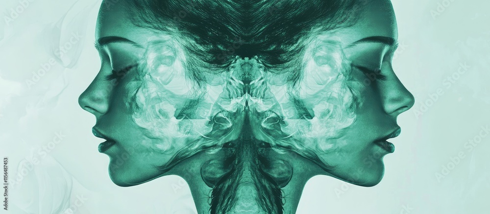Poster stylish abstract kaleidoscope texture featuring mirrored organic shapes and green tones with space f