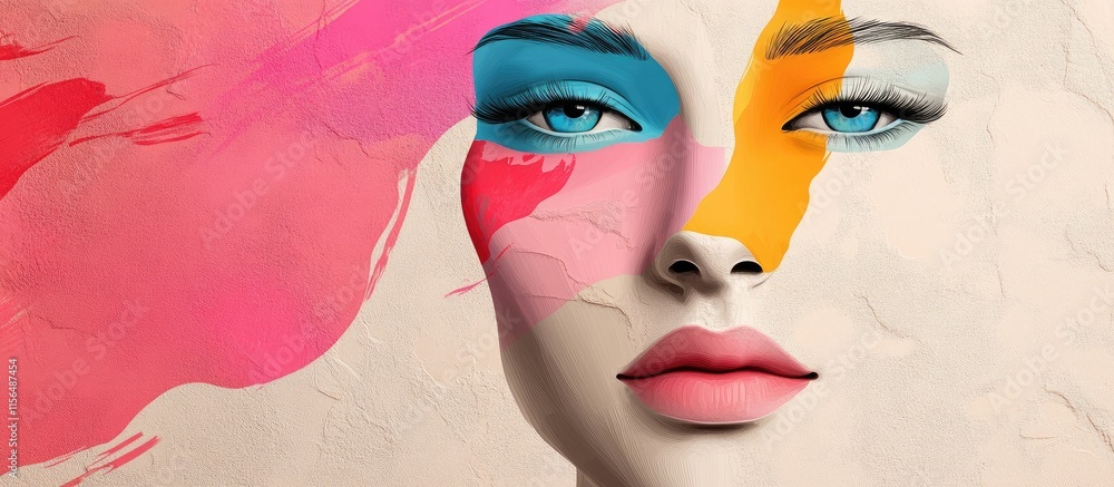 Poster abstract face collage with vibrant colors and artistic style featuring copyspace for text and creati