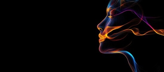 Abstract AI Face Design with Colorful Holographic Effects and Space for Creative Text on a Dark Background