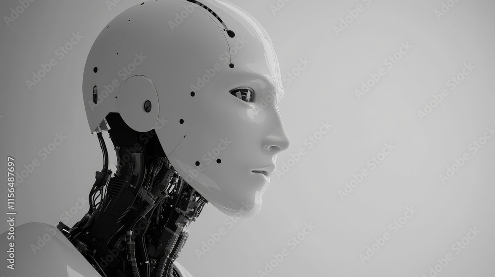 Poster revolutionary artificial intelligence concept with futuristic robot profile and blank space for text