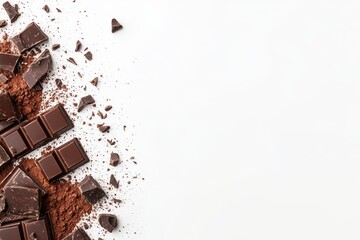 Fototapeta premium Chocolate bars and cocoa powder are scattered on the background