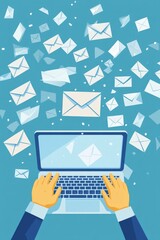 email marketing concept, art of a laptop and hands, envelope icon floating above it on a blue background