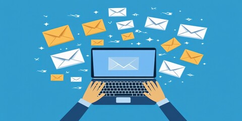 email marketing concept, art of a laptop and hands, envelope icon floating above it on a blue background