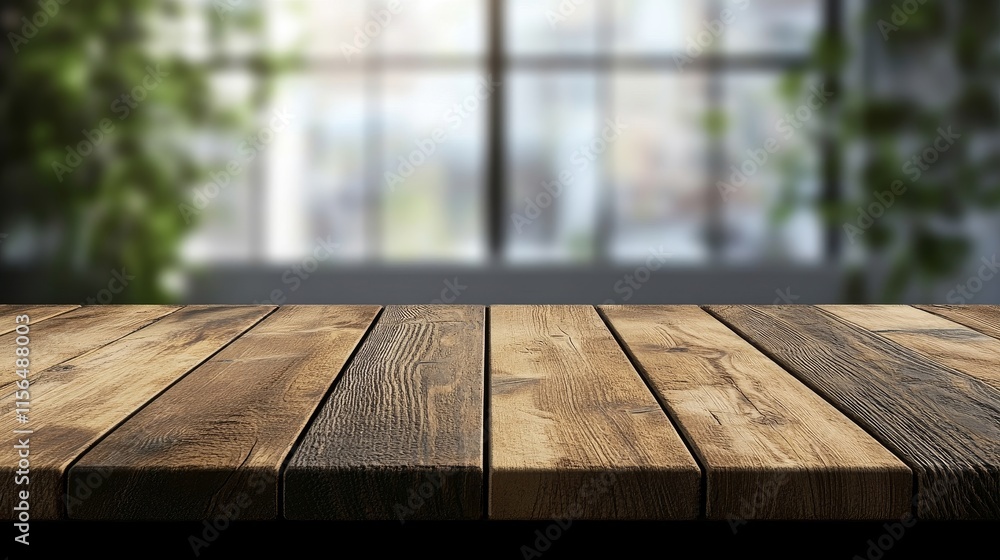 Poster natural wood tabletop with beautiful bokeh background of greenery and soft light creating a cozy and