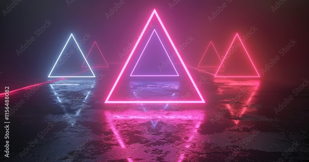 Aufkleber neon-lit triangular shapes reflecting on a wet surface in a foggy environment.