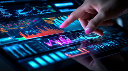Fototapeta premium stock market investment digital chart graph monitoring, touching display by finger 