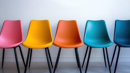 Colorful Modern Chairs Aligned Against A White Wall