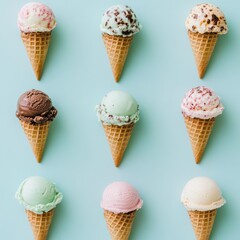 Hands with different sweet ice-creams on light blue background
