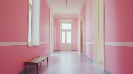 Pink Hallway With Wooden Bench And White Doors